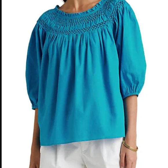 NWT Lauren Ralph Lauren Three-Quarter Sleeve Smocked Blouse - Picture 2 of 7